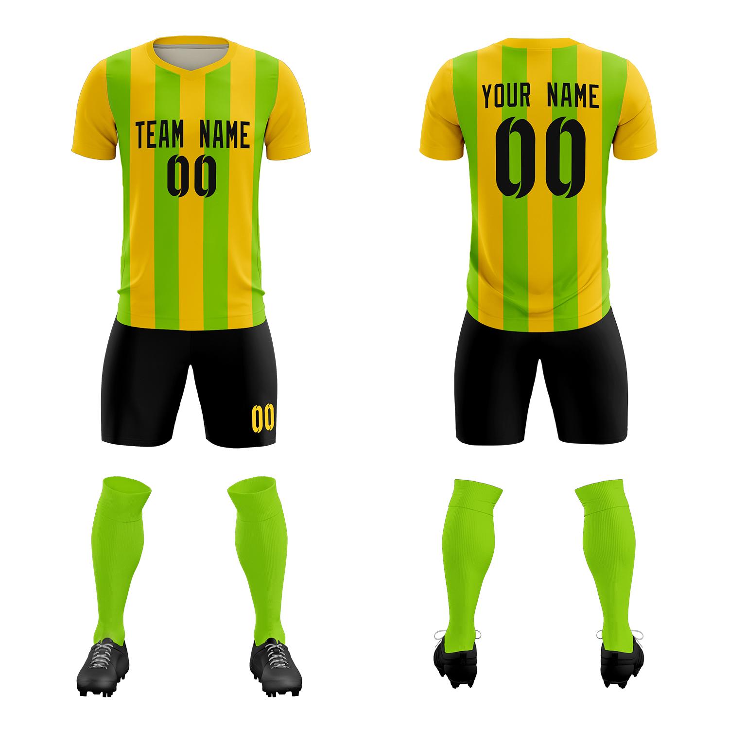 Custom Gold Neon Green Vertical Stripes Casual Outdoor Football Kits Jersey