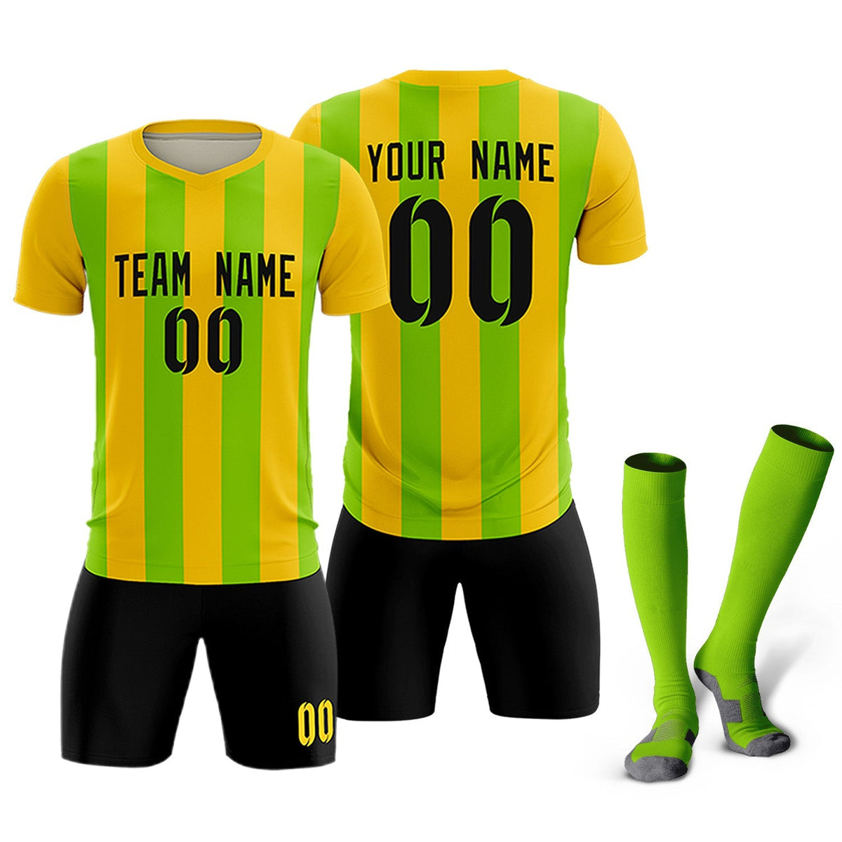 Custom Gold Neon Green Vertical Stripes Casual Outdoor Football Kits Jersey