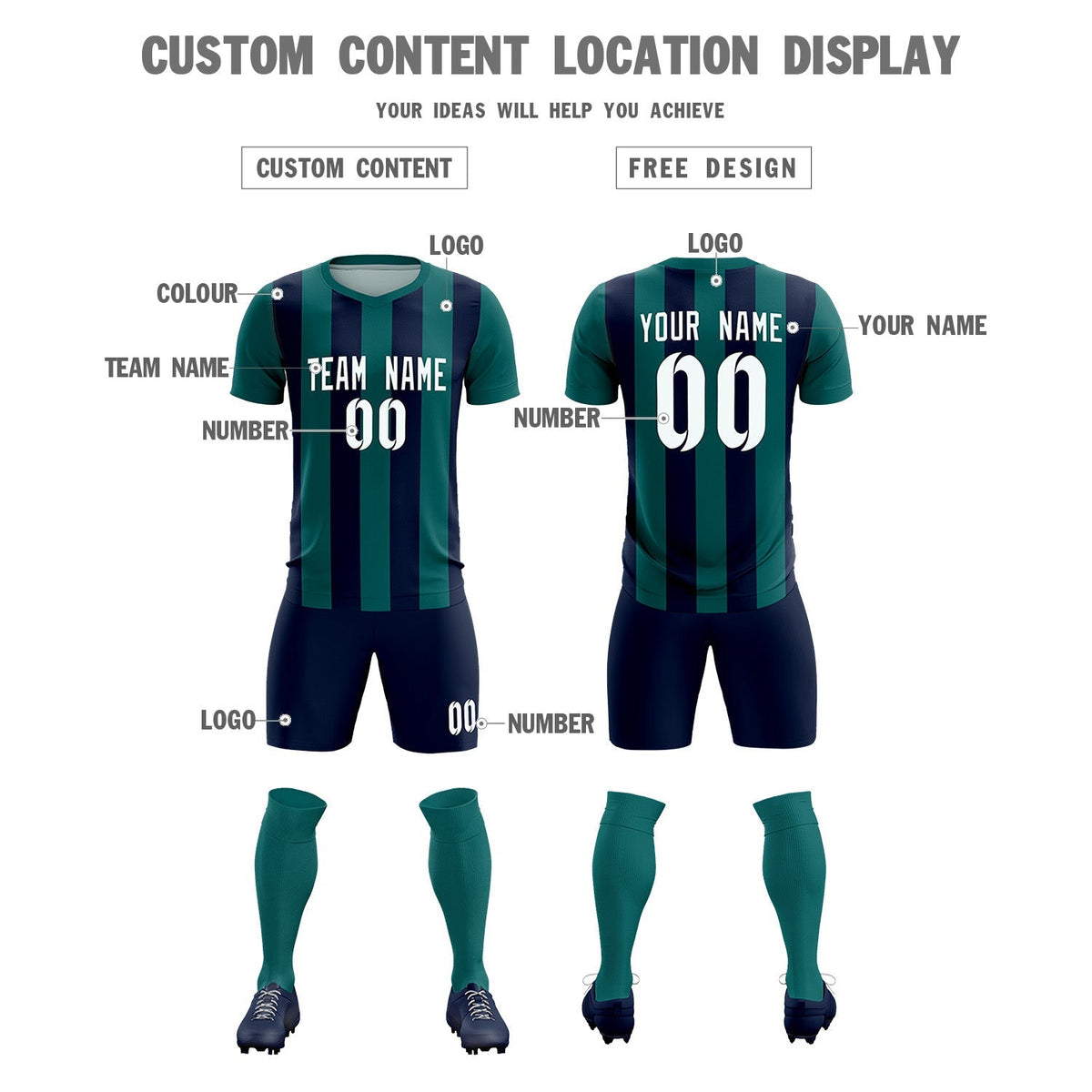 Custom Aqua Navy Vertical Stripes Casual Outdoor Football Kits Jersey
