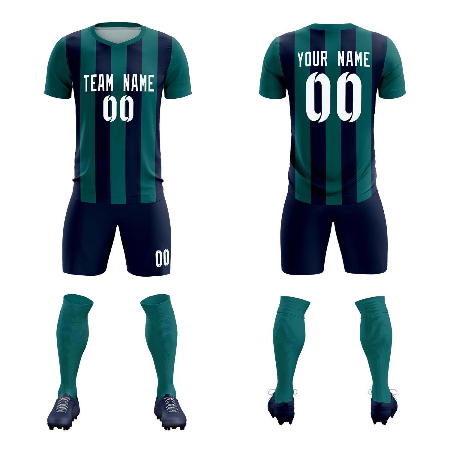 Custom Aqua Navy Vertical Stripes Casual Outdoor Football Kits Jersey