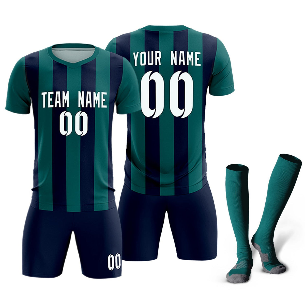 Custom Aqua Navy Vertical Stripes Casual Outdoor Football Kits Jersey