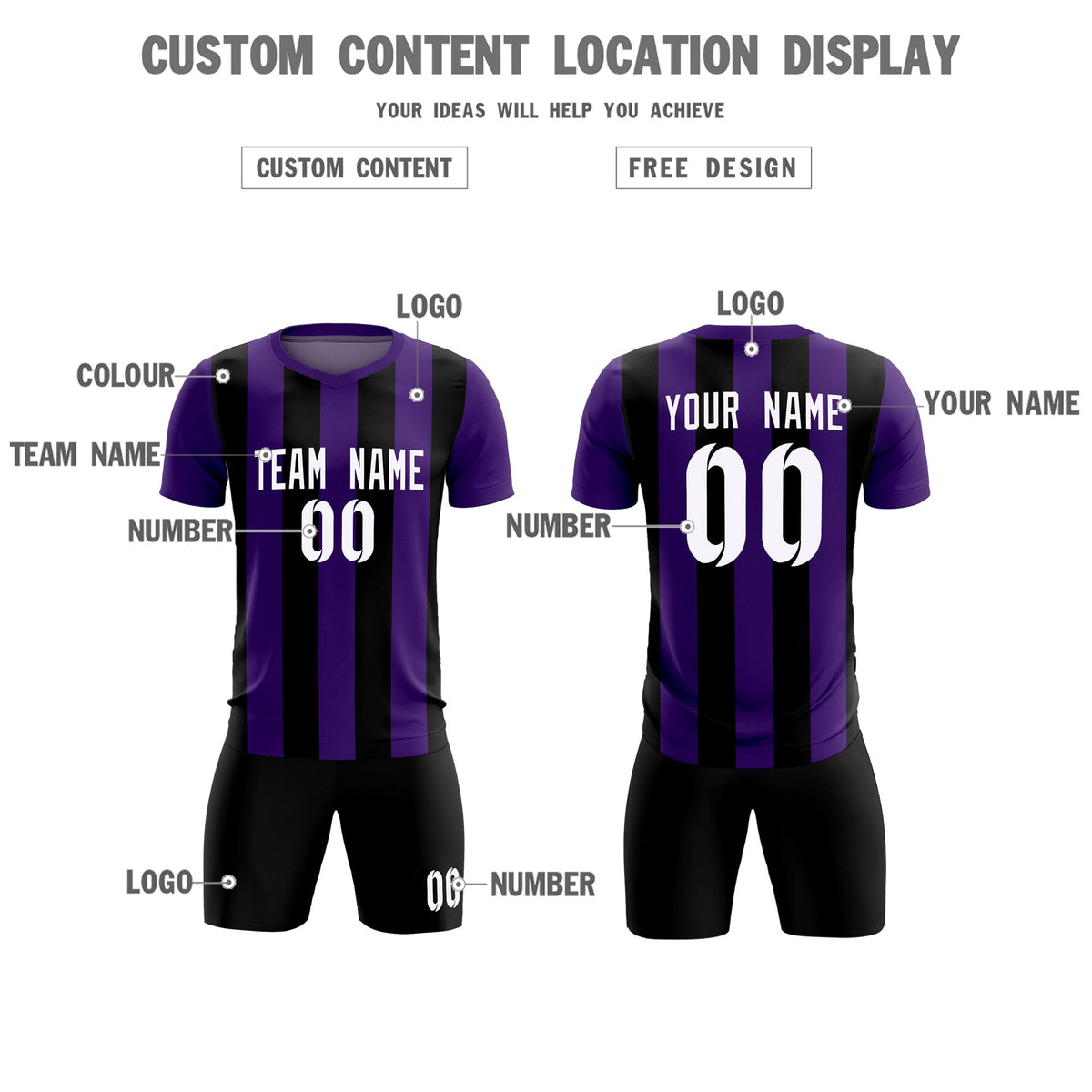 Custom Purple Black Vertical Stripes Casual Outdoor Football Kits Jersey