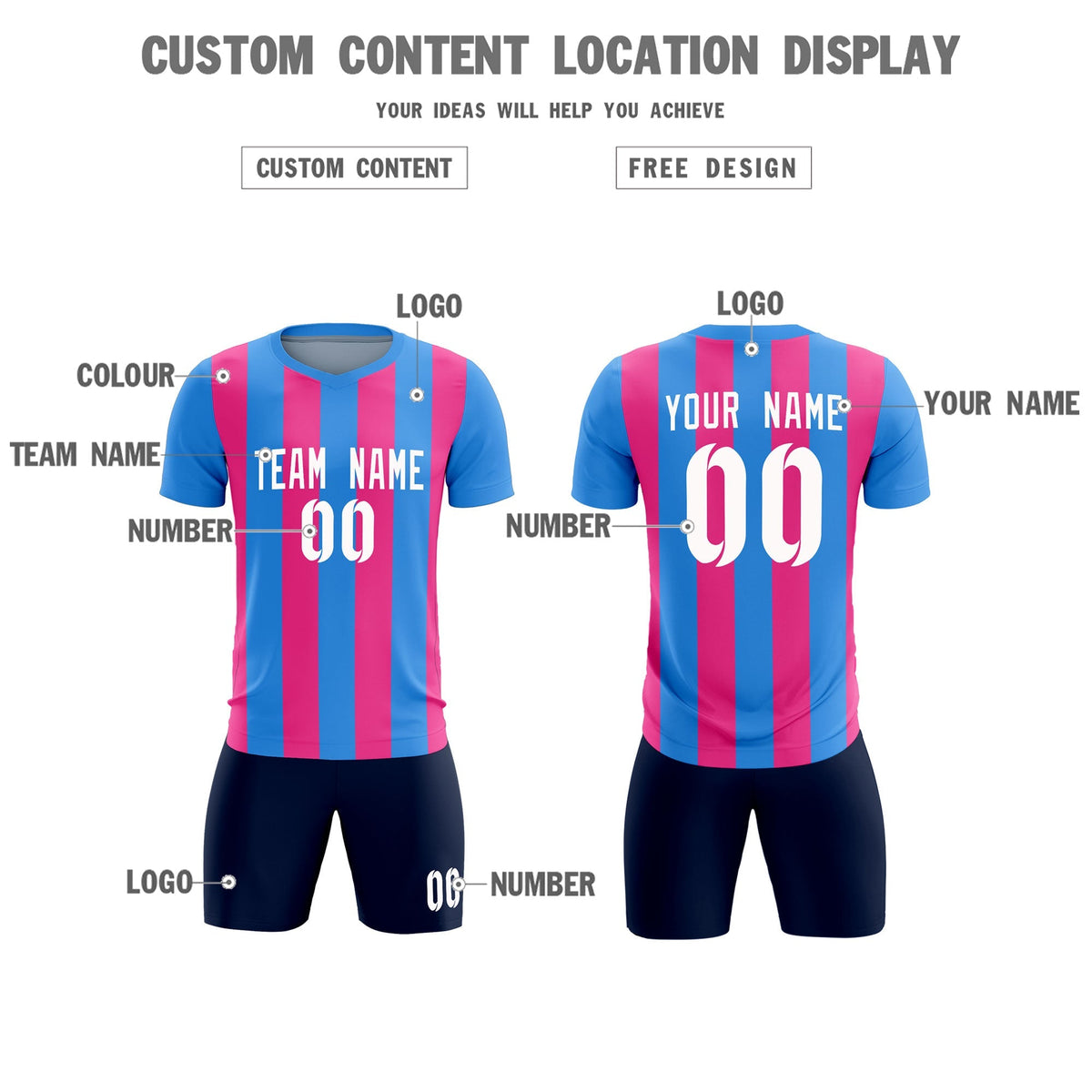 Custom Powder Blue Pink Vertical Stripes Casual Outdoor Football Kits Jersey