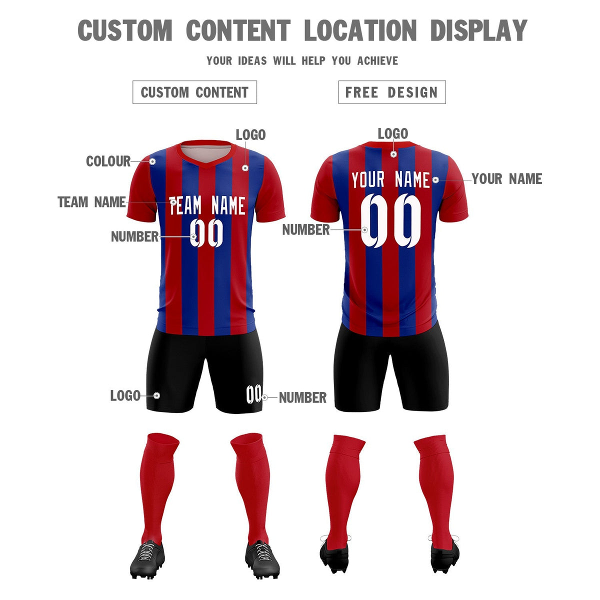 Custom Red Royal Vertical Stripes Casual Outdoor Football Kits Jersey