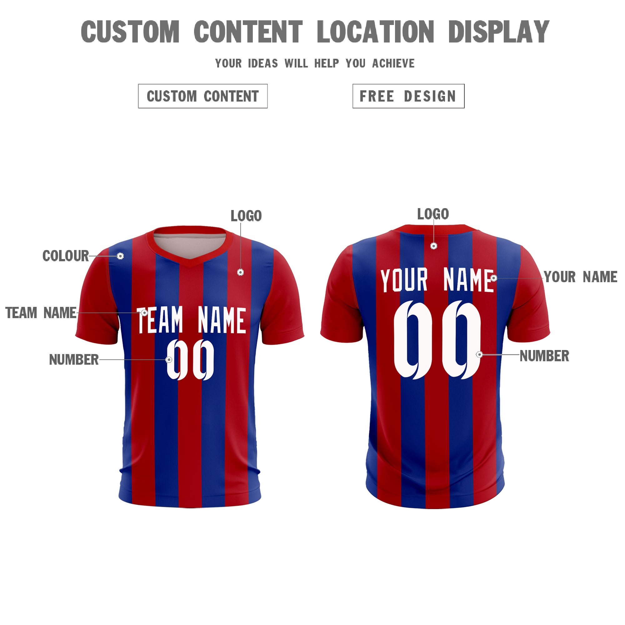 Custom Red Royal Vertical Stripes Casual Outdoor Football Kits Jersey