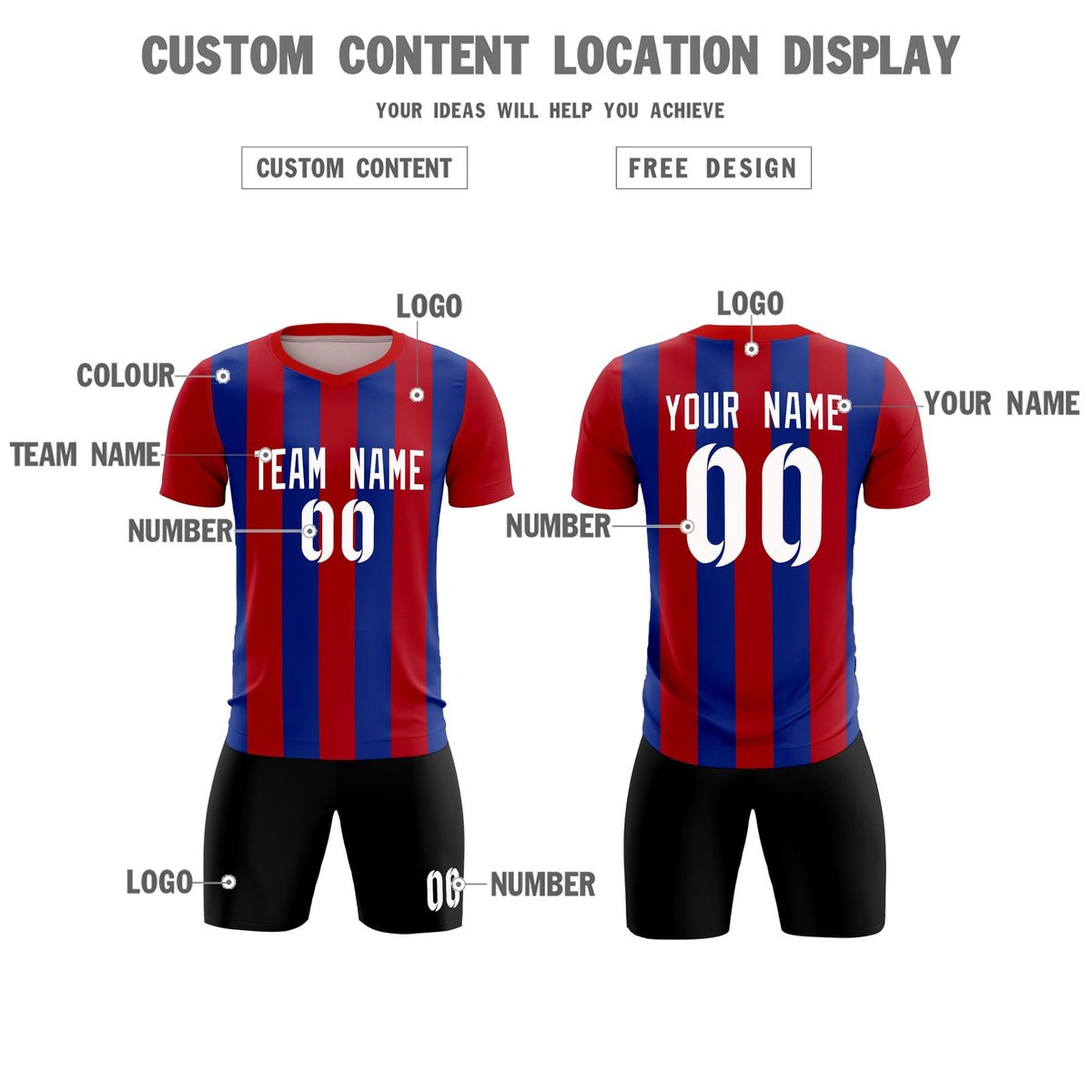Custom Red Royal Vertical Stripes Casual Outdoor Football Kits Jersey