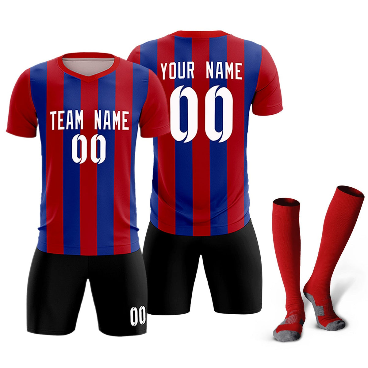 Custom Red Royal Vertical Stripes Casual Outdoor Football Kits Jersey