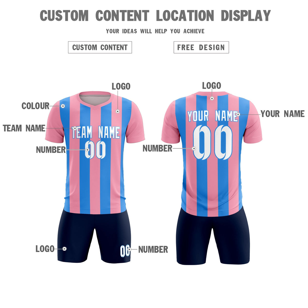 Custom Light Pink Powder Blue Vertical Stripes Casual Outdoor Football Kits Jersey