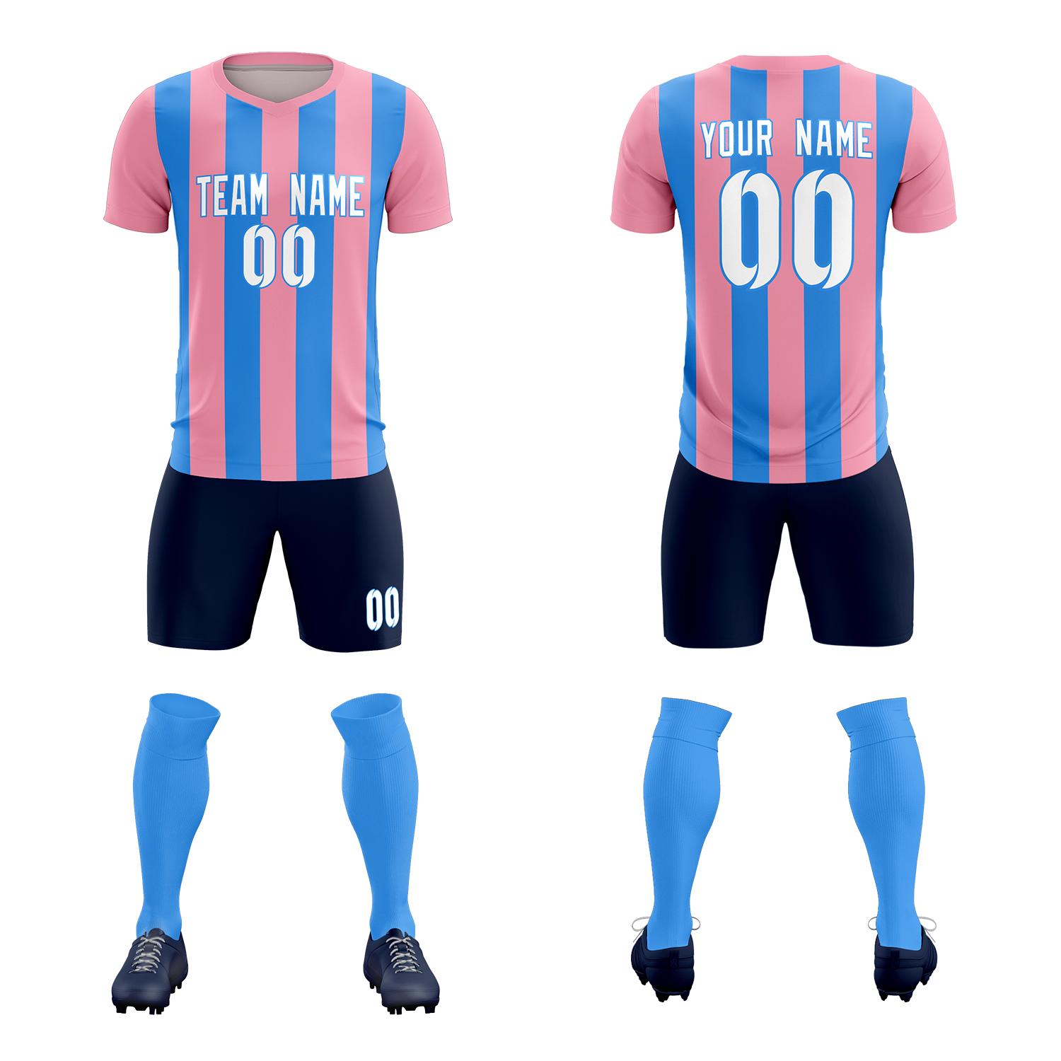 Custom Light Pink Powder Blue Vertical Stripes Casual Outdoor Football Kits Jersey