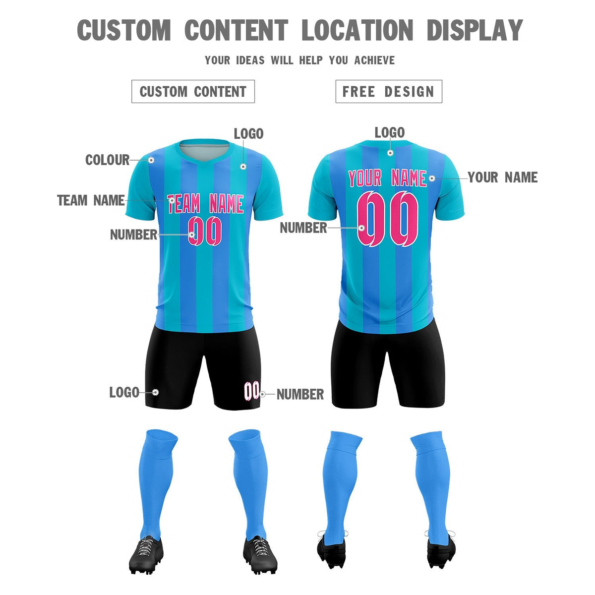 Custom Sky Blue Powder Blue Vertical Stripes Casual Outdoor Football Kits Jersey
