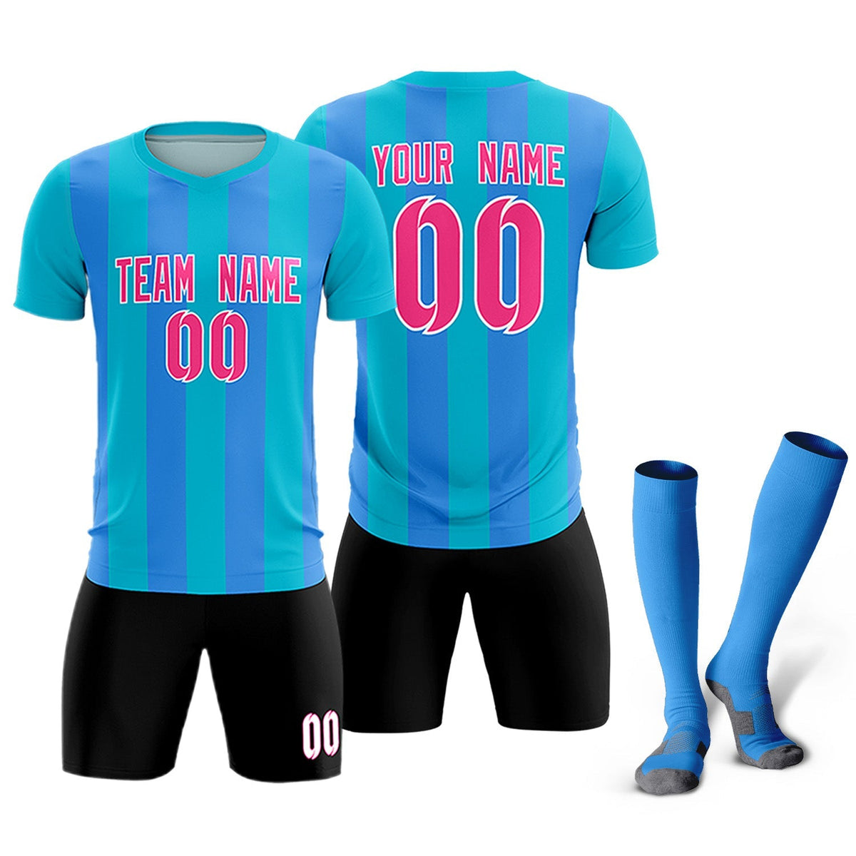 Custom Sky Blue Powder Blue Vertical Stripes Casual Outdoor Football Kits Jersey