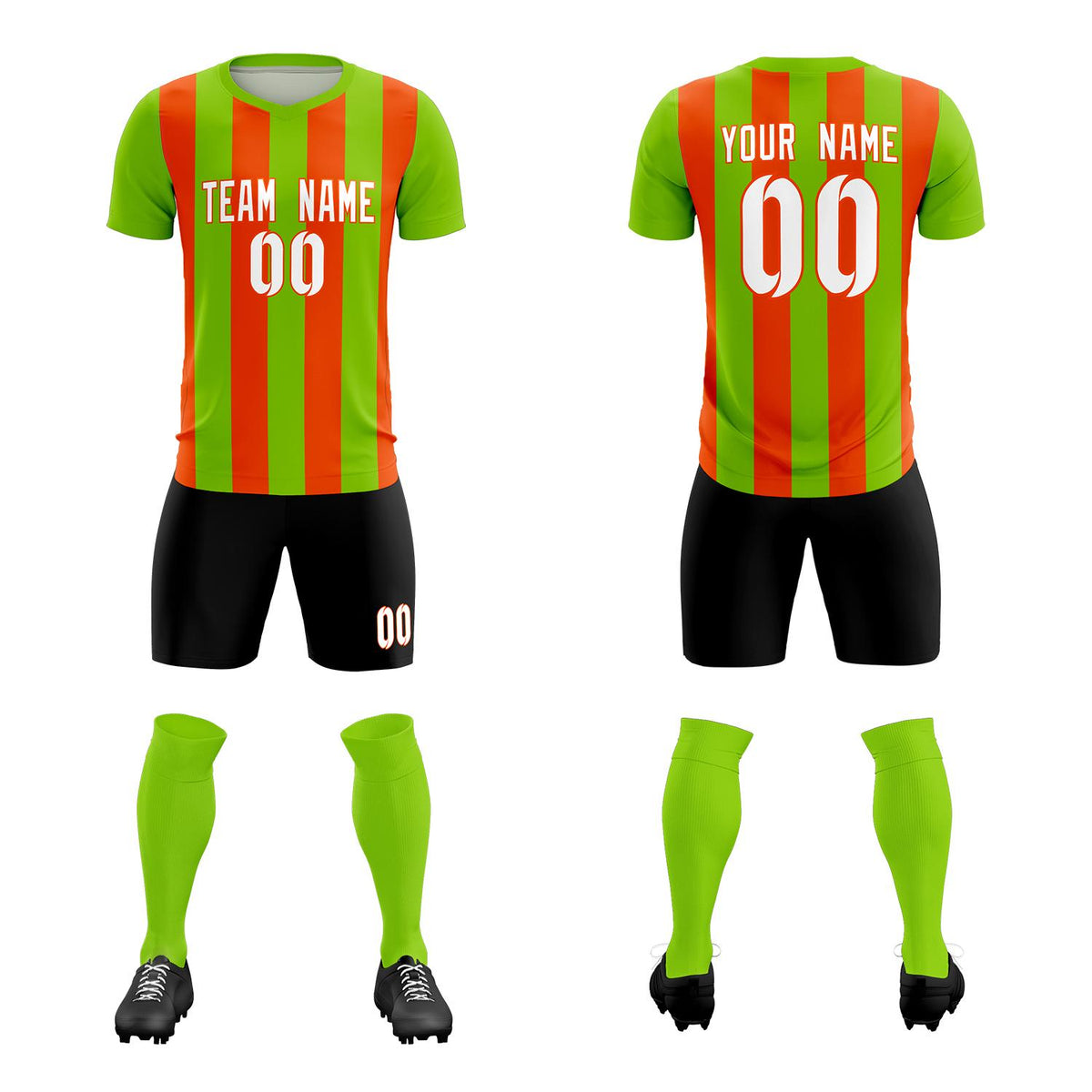 Custom Neon Green Orange Vertical Stripes Casual Outdoor Football Kits Jersey