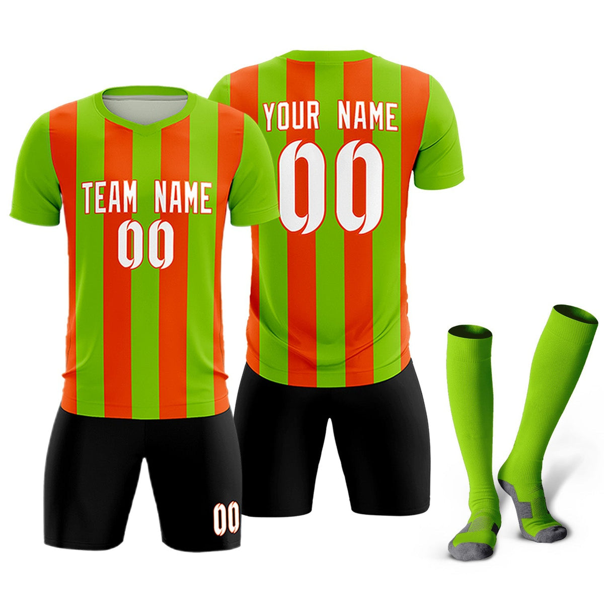 Custom Neon Green Orange Vertical Stripes Casual Outdoor Football Kits Jersey