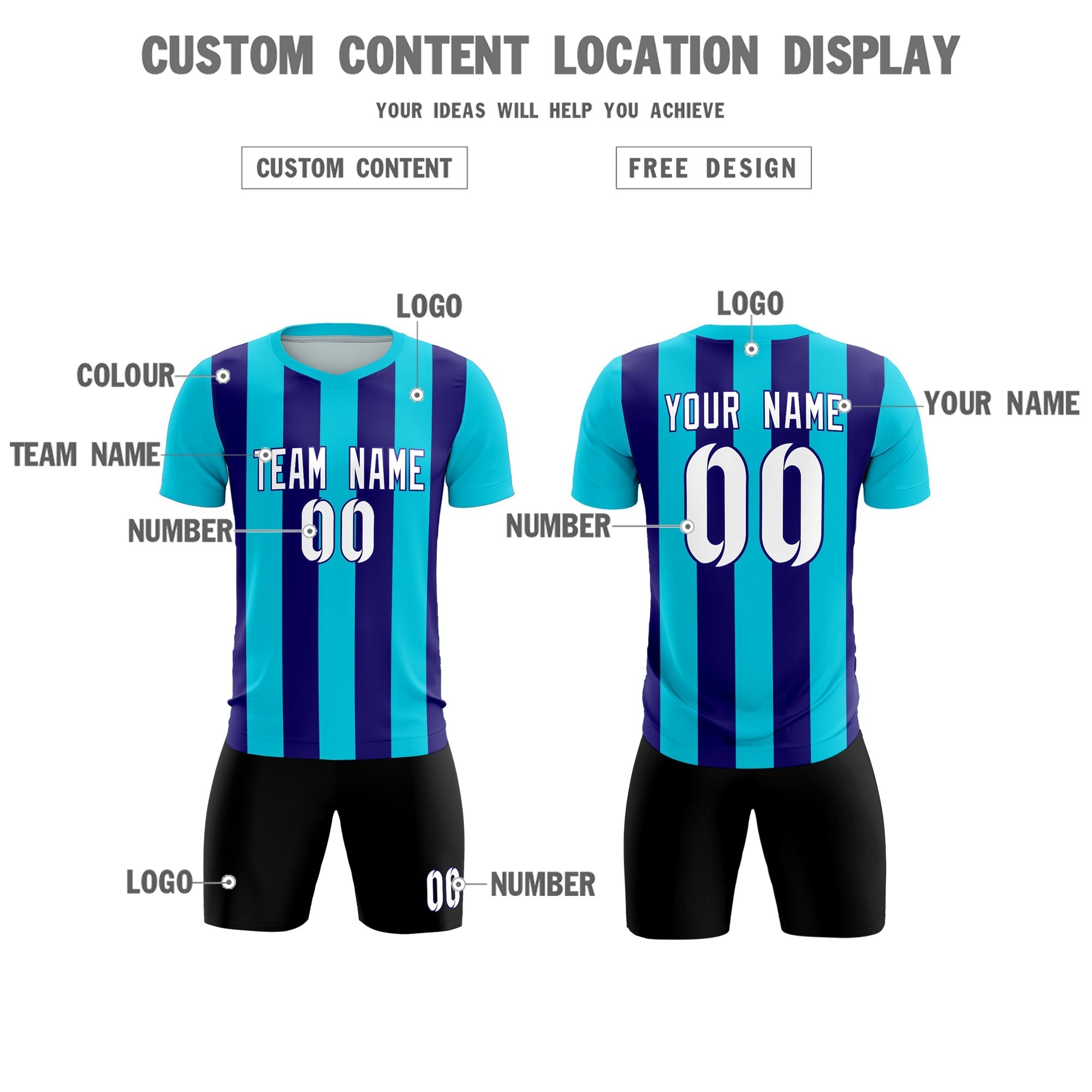 Custom Sky Blue Royal Vertical Stripes Casual Outdoor Football Kits Jersey