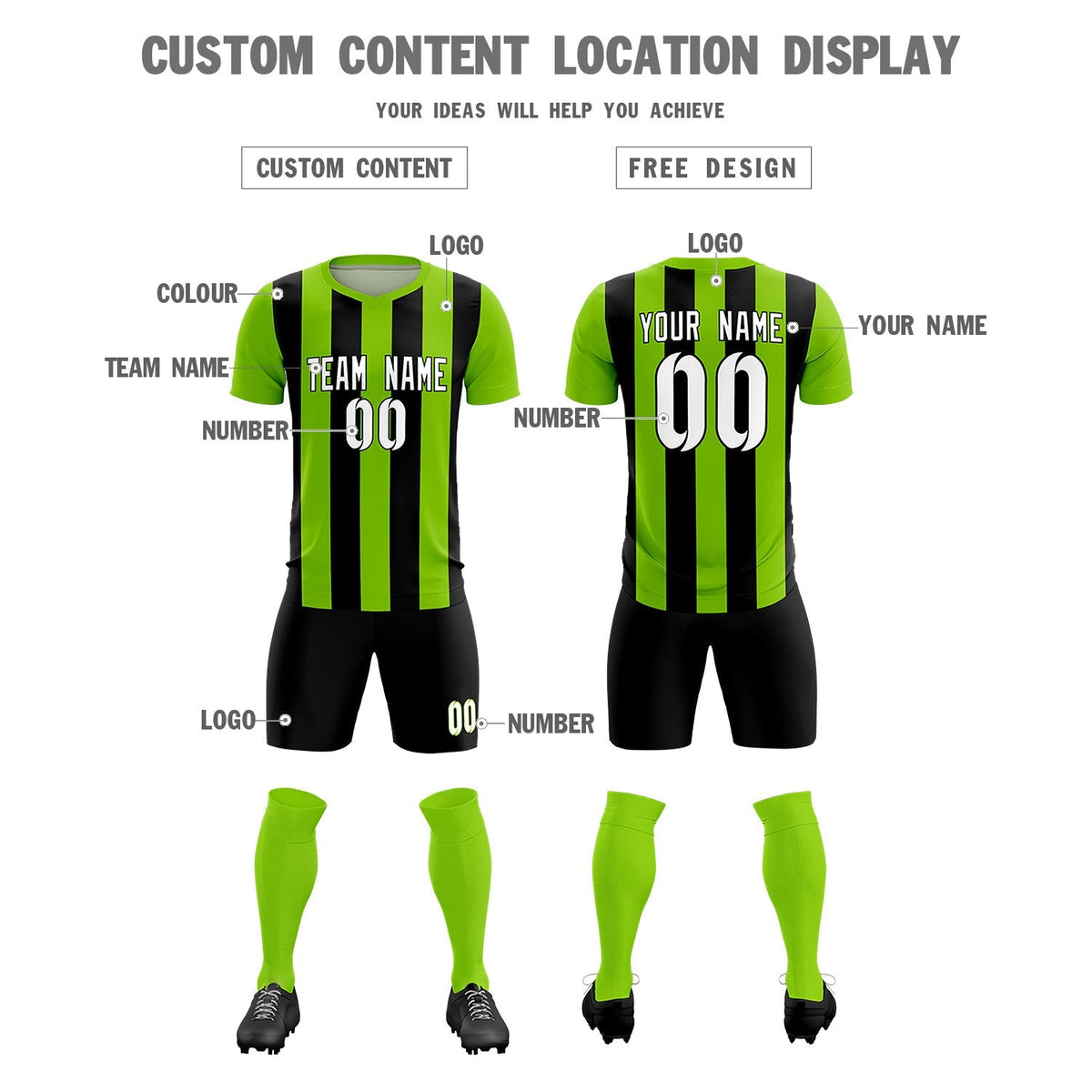 Custom Neon Green Black Vertical Stripes Casual Outdoor Football Kits Jersey
