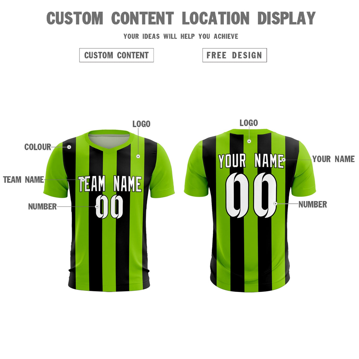 Custom Neon Green Black Vertical Stripes Casual Outdoor Football Kits Jersey