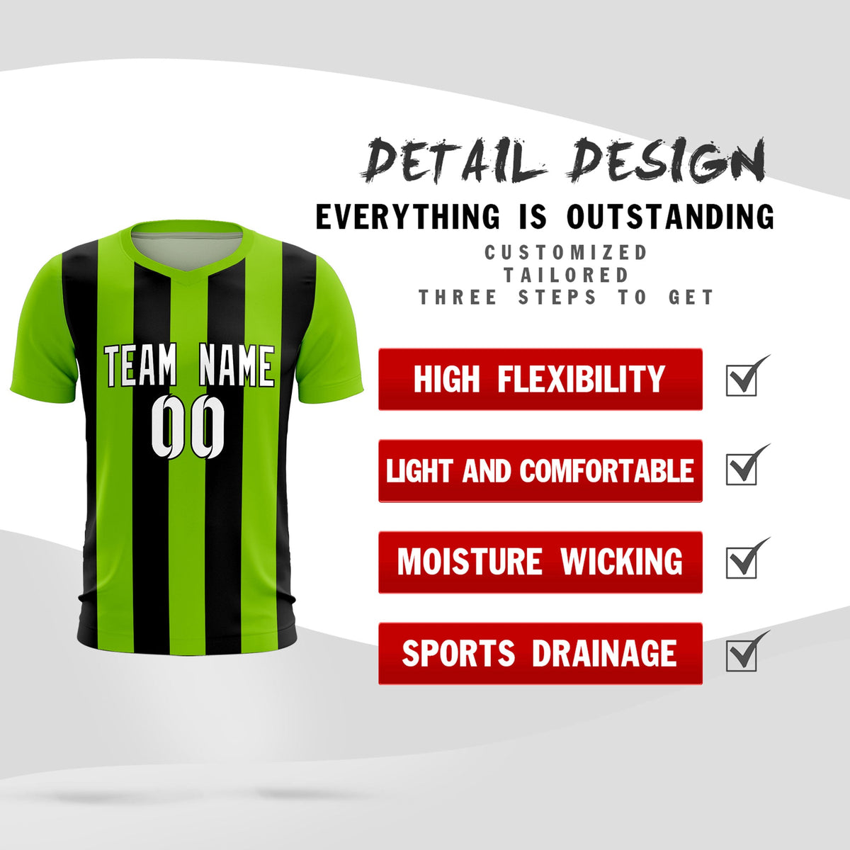 Custom Neon Green Black Vertical Stripes Casual Outdoor Football Kits Jersey