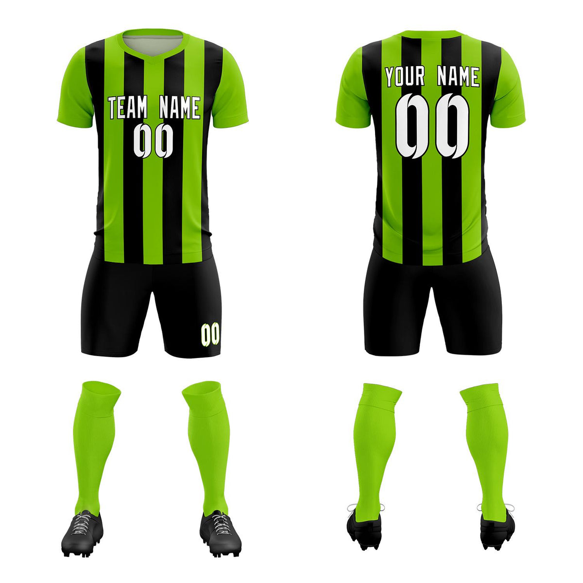 Custom Neon Green Black Vertical Stripes Casual Outdoor Football Kits Jersey