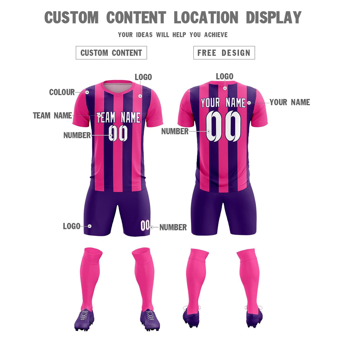Custom Pink Purple Vertical Stripes Casual Outdoor Football Kits Jersey