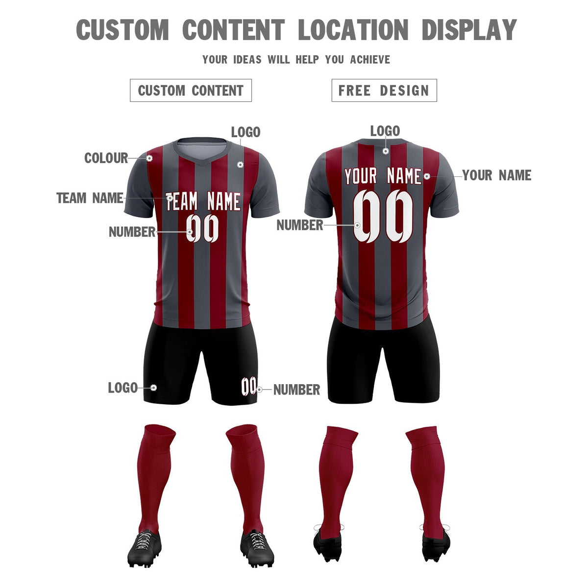 Custom Dark Gray Crimson Vertical Stripes Casual Outdoor Football Kits Jersey