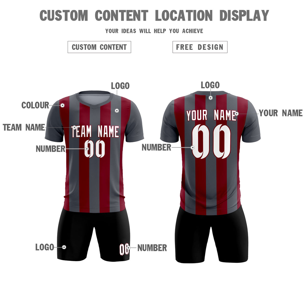 Custom Dark Gray Crimson Vertical Stripes Casual Outdoor Football Kits Jersey