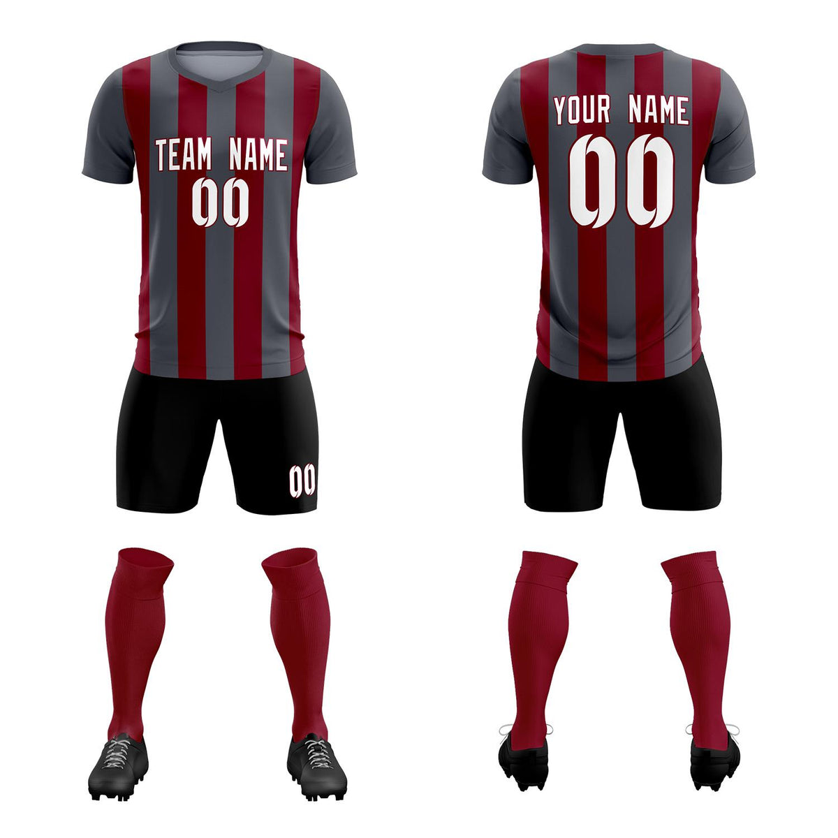 Custom Dark Gray Crimson Vertical Stripes Casual Outdoor Football Kits Jersey