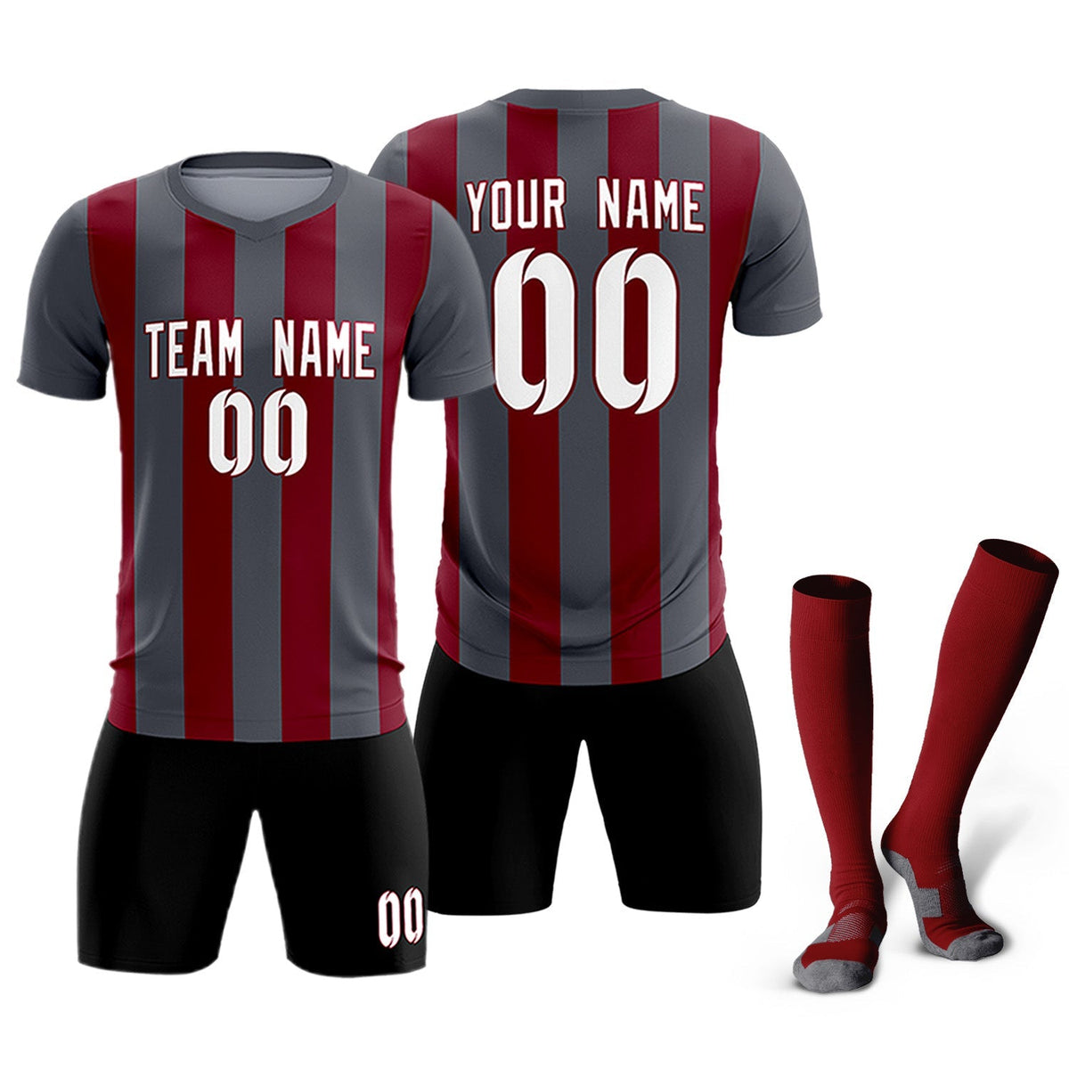 Custom Dark Gray Crimson Vertical Stripes Casual Outdoor Football Kits Jersey