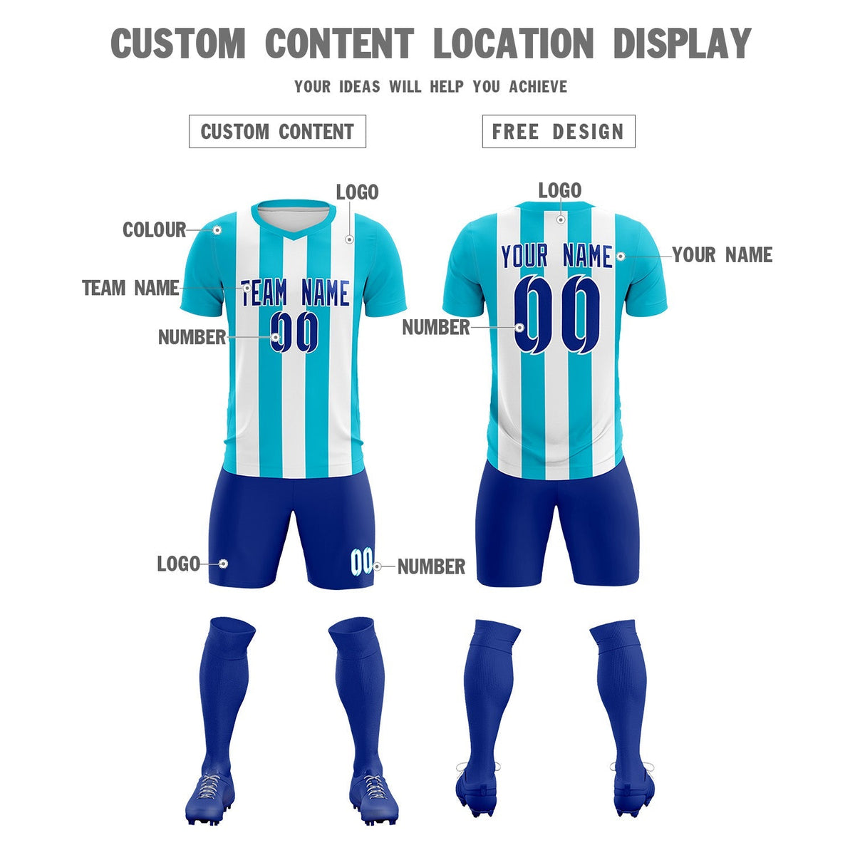Custom White Sky Blue Vertical Stripes Casual Outdoor Football Kits Jersey