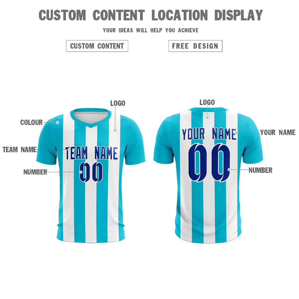 Custom White Sky Blue Vertical Stripes Casual Outdoor Football Kits Jersey