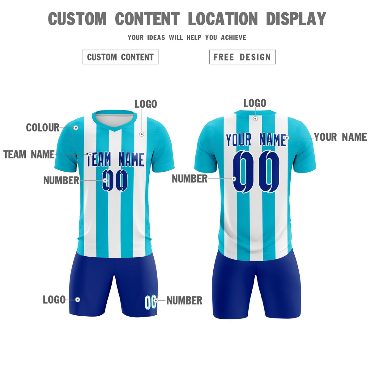 Custom White Sky Blue Vertical Stripes Casual Outdoor Football Kits Jersey
