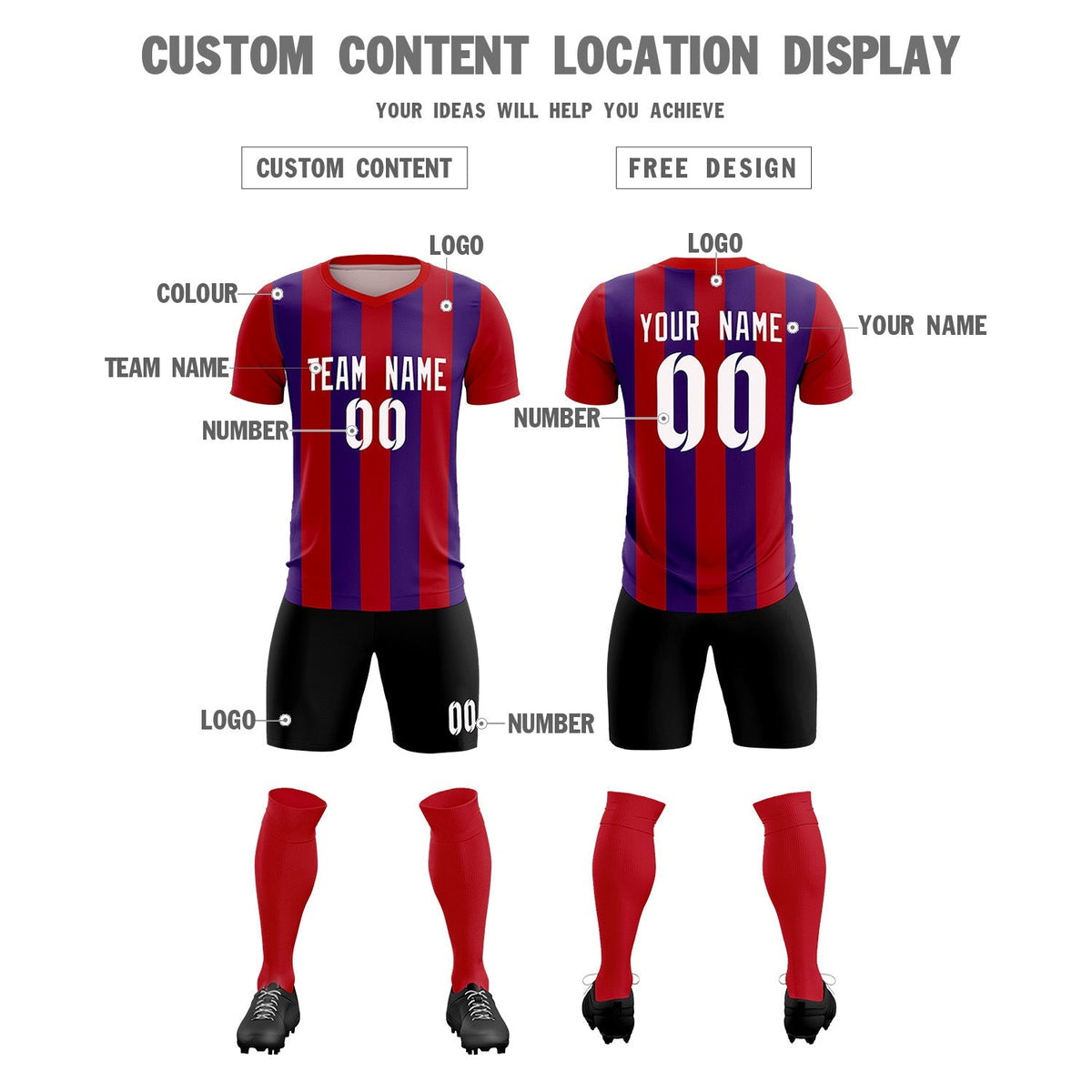Custom Red Purple Vertical Stripes Casual Outdoor Football Kits Jersey