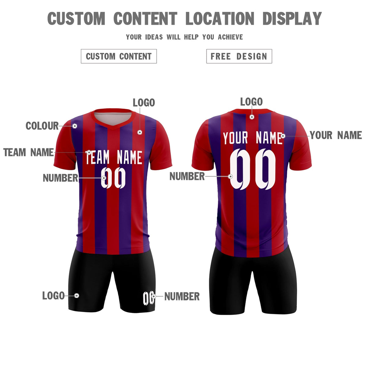 Custom Red Purple Vertical Stripes Casual Outdoor Football Kits Jersey