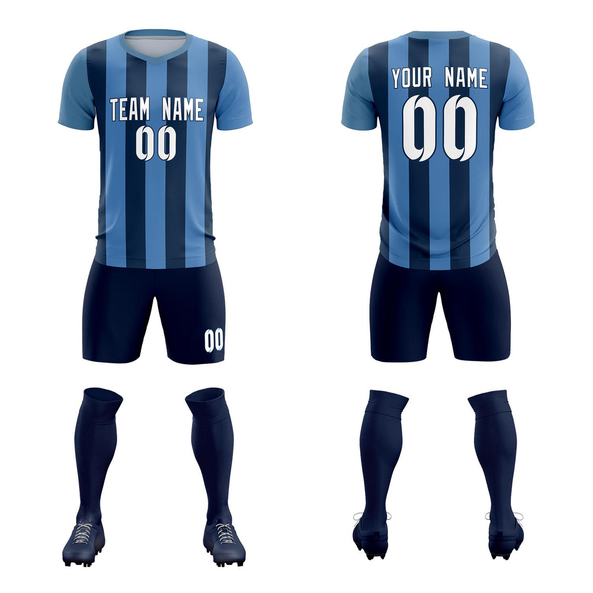 Custom Light Blue Midnight Blue Vertical Stripes Casual Outdoor Football Kits Jersey