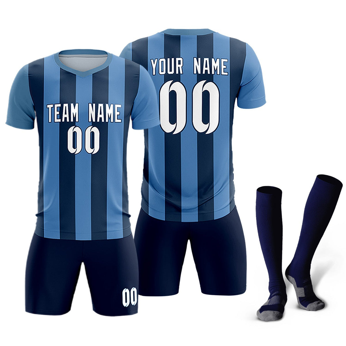 Custom Light Blue Midnight Blue Vertical Stripes Casual Outdoor Football Kits Jersey