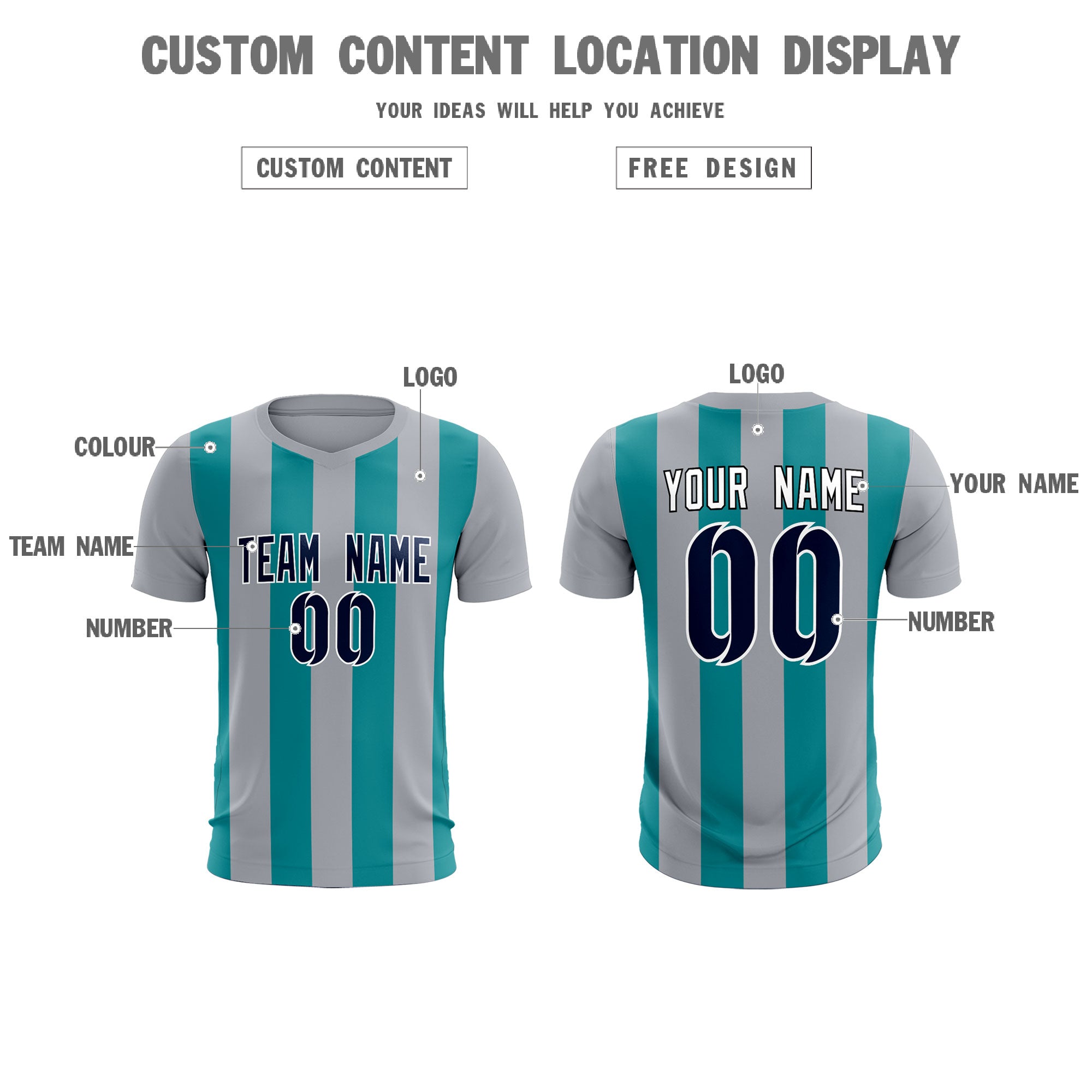 Custom Gray Aqua Vertical Stripes Casual Outdoor Football Kits Jersey