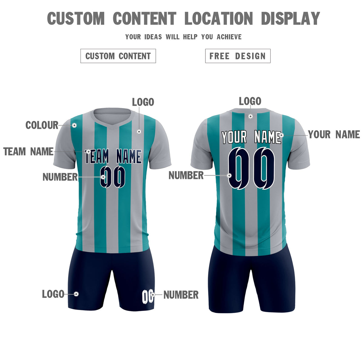 Custom Gray Aqua Vertical Stripes Casual Outdoor Football Kits Jersey
