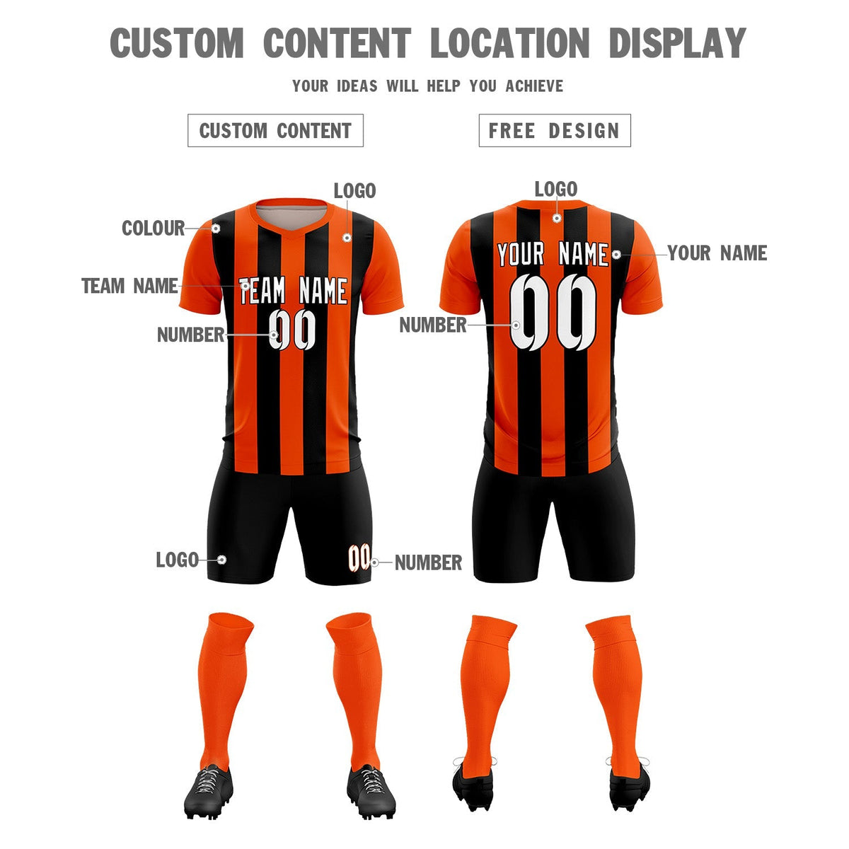Custom Orange Black Vertical Stripes Casual Outdoor Football Kits Jersey