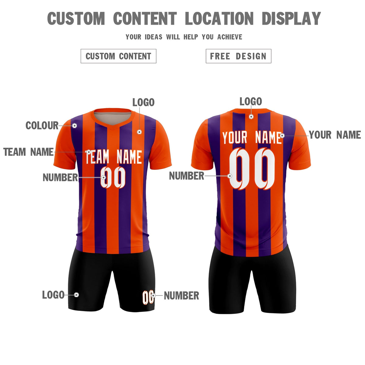 Custom Orange Purple Vertical Stripes Casual Outdoor Football Kits Jersey
