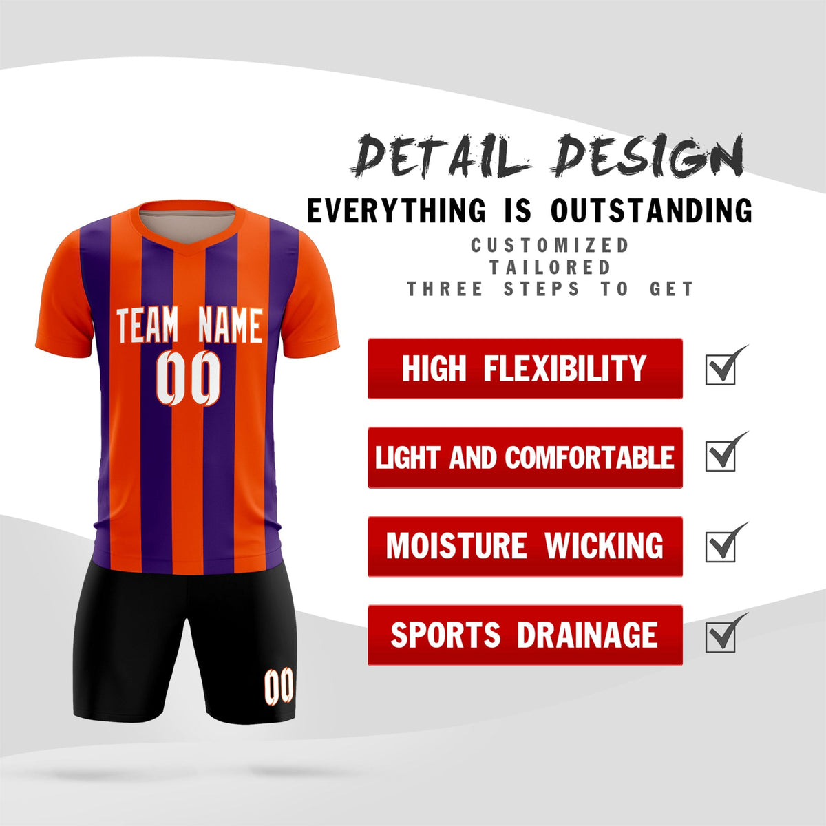 Custom Orange Purple Vertical Stripes Casual Outdoor Football Kits Jersey