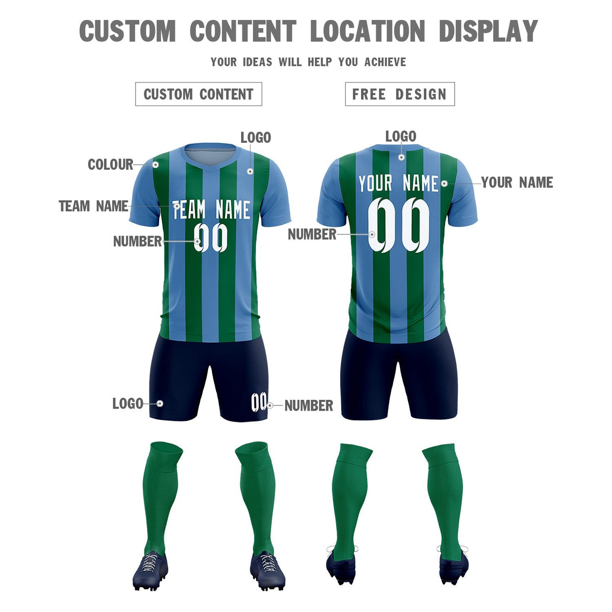 Custom Light Blue Kelly Green Vertical Stripes Casual Outdoor Football Kits Jersey