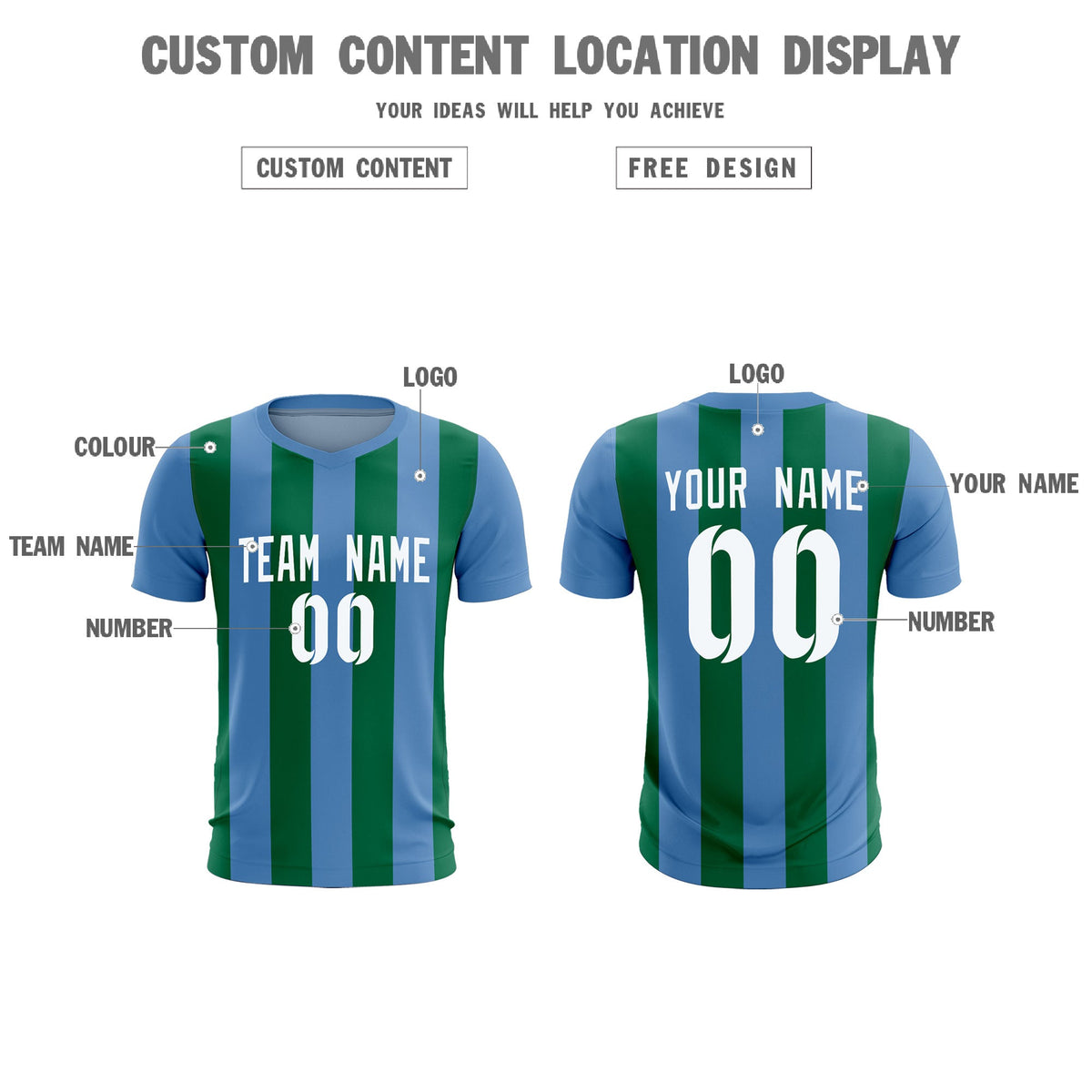 Custom Light Blue Kelly Green Vertical Stripes Casual Outdoor Football Kits Jersey