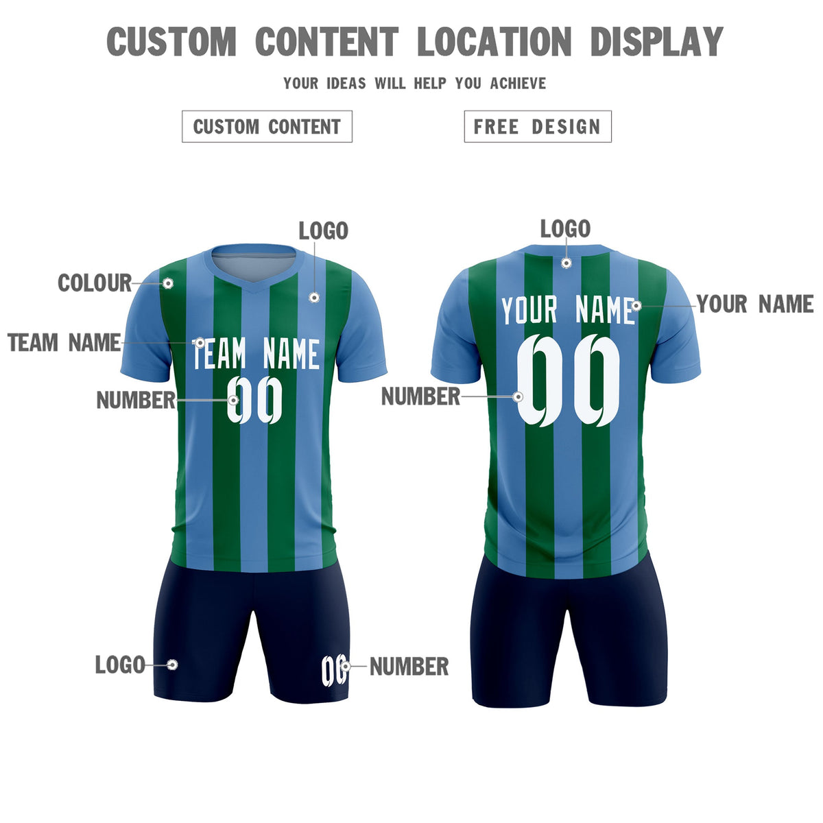 Custom Light Blue Kelly Green Vertical Stripes Casual Outdoor Football Kits Jersey