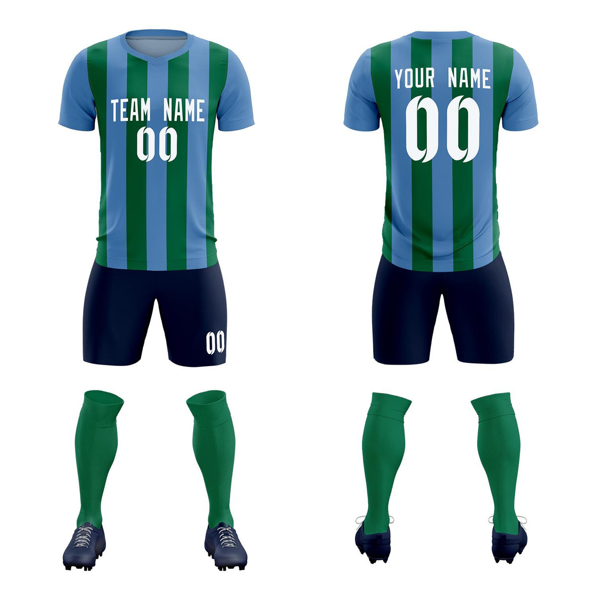 Custom Light Blue Kelly Green Vertical Stripes Casual Outdoor Football Kits Jersey