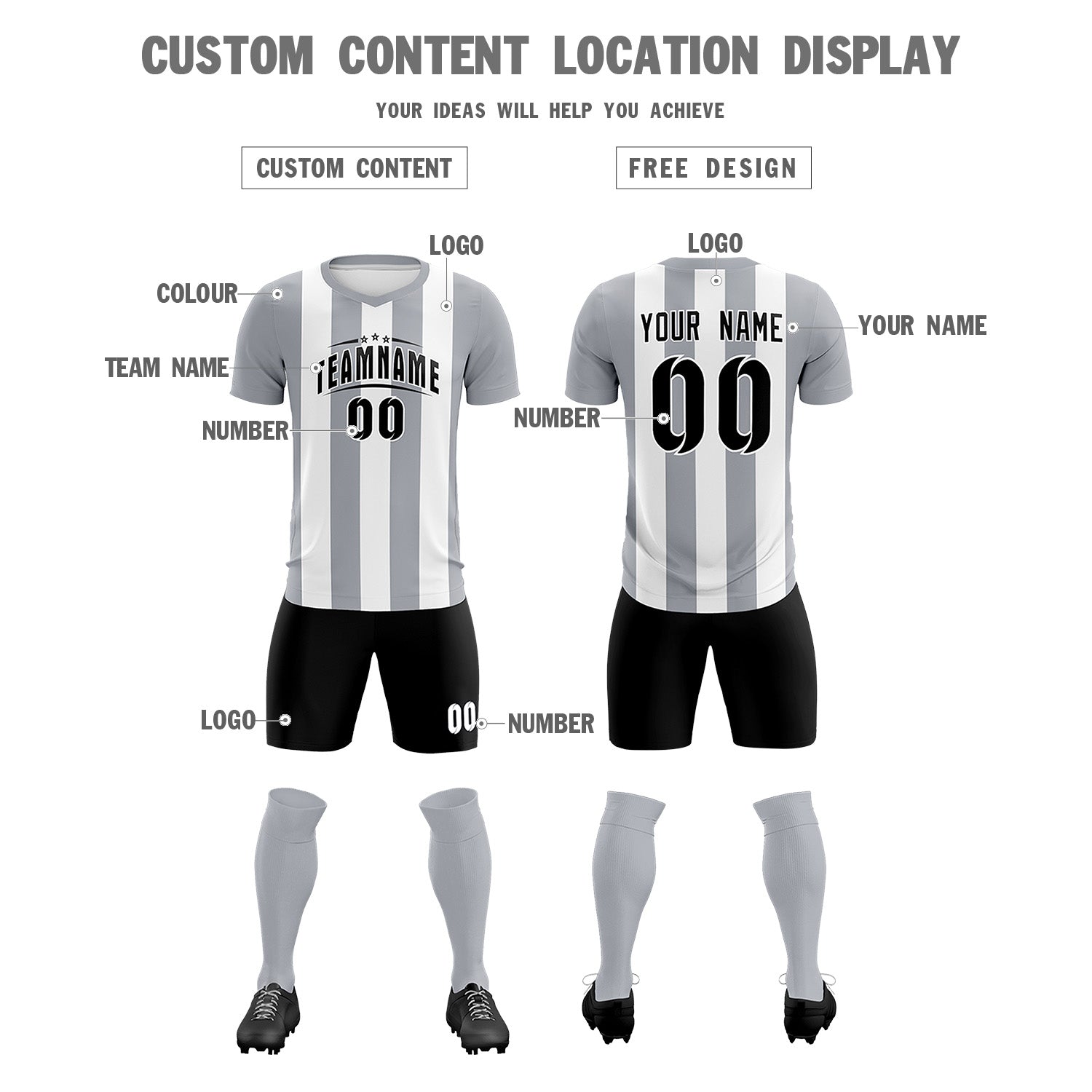 Custom White Gray Vertical Stripes Casual Outdoor Football Kits Jersey