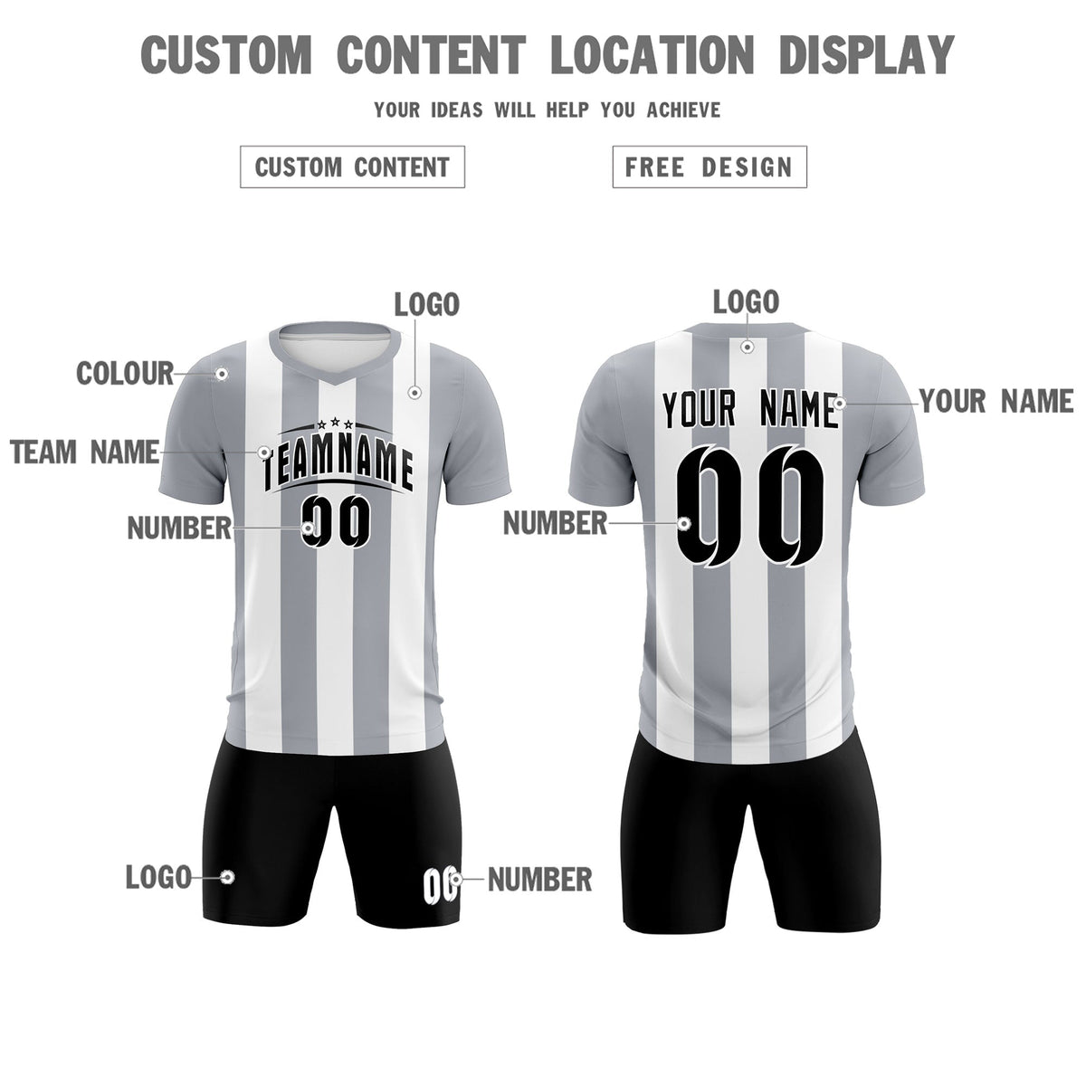 Custom White Gray Vertical Stripes Casual Outdoor Football Kits Jersey