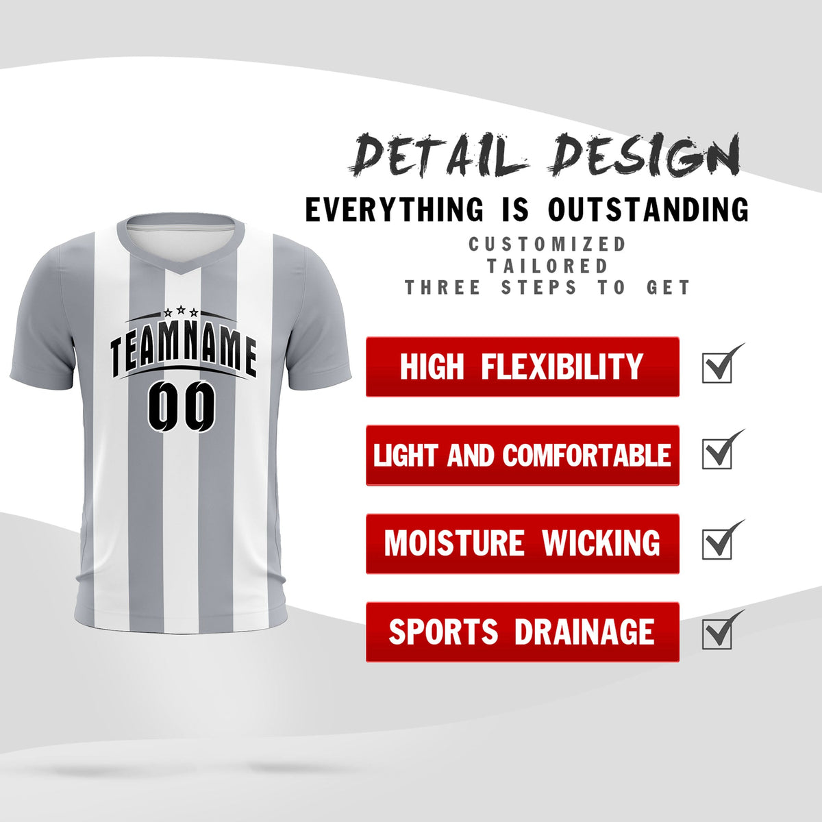 Custom White Gray Vertical Stripes Casual Outdoor Football Kits Jersey