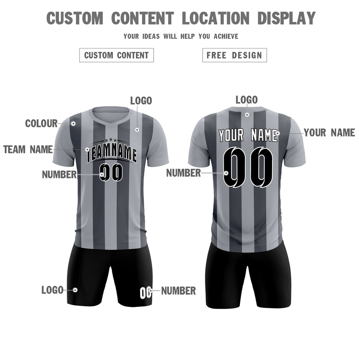 Custom Gray Dark Gray Vertical Stripes Casual Outdoor Football Kits Jersey