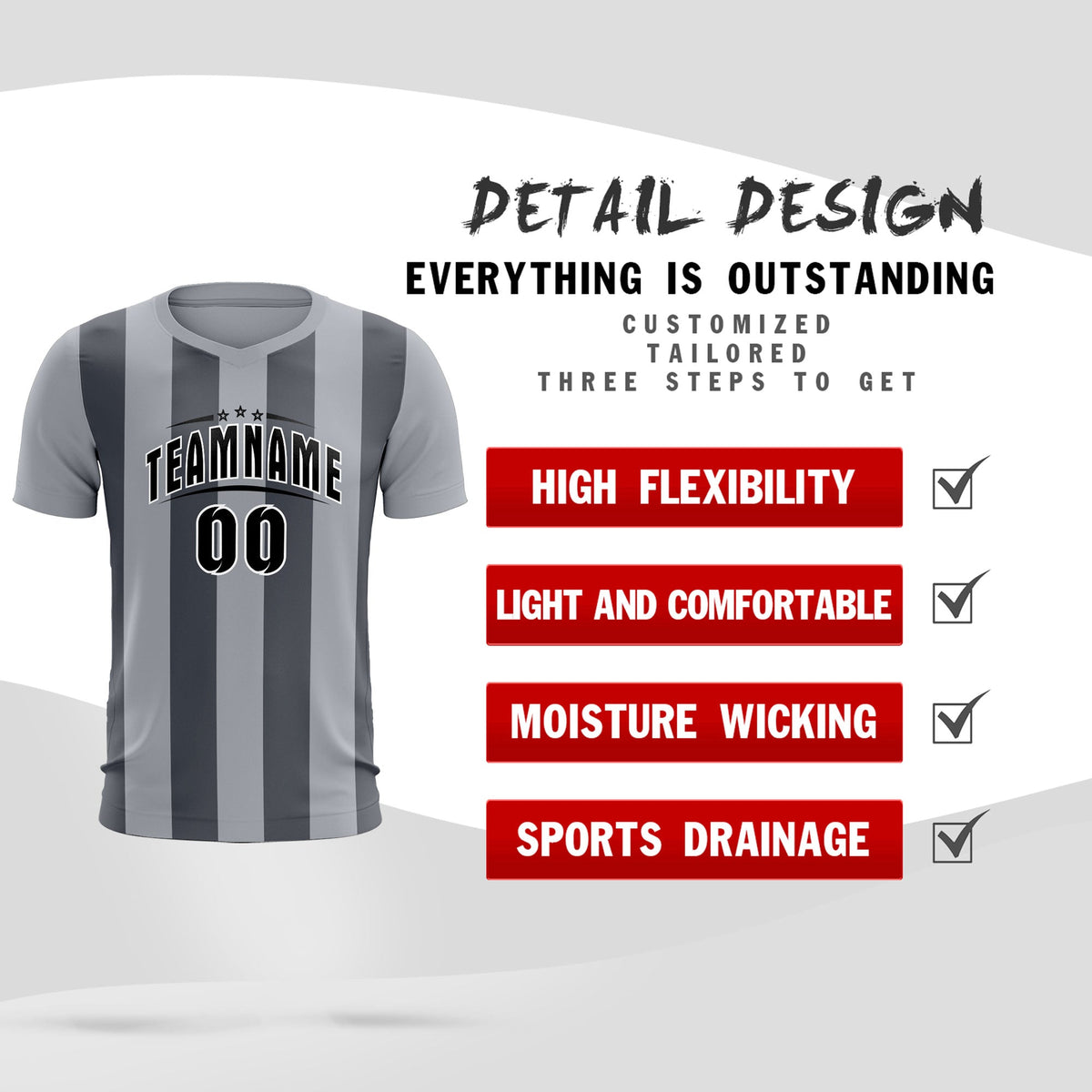 Custom Gray Dark Gray Vertical Stripes Casual Outdoor Football Kits Jersey