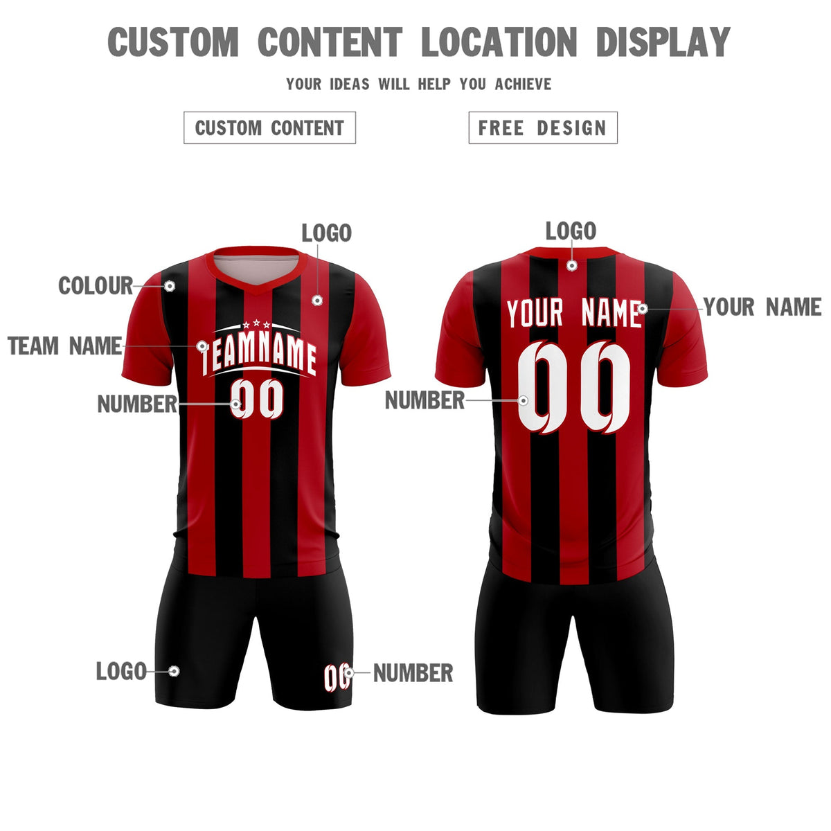 Custom Red Black Vertical Stripes Casual Outdoor Football Kits Jersey