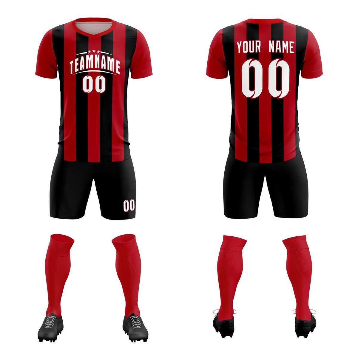Custom Red Black Vertical Stripes Casual Outdoor Football Kits Jersey